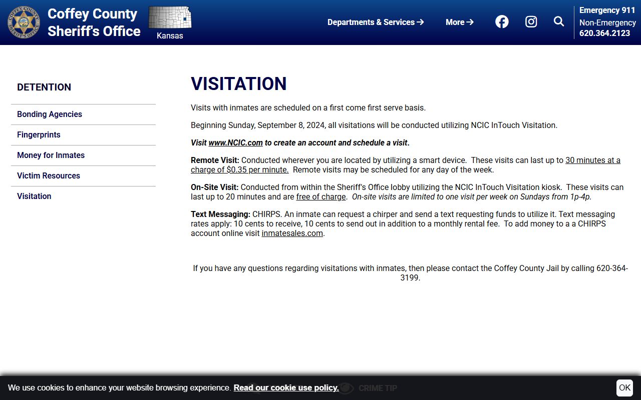 Coffey County Sheriff's Office Kansas Detention Center video visitation schedule and NCIC rules