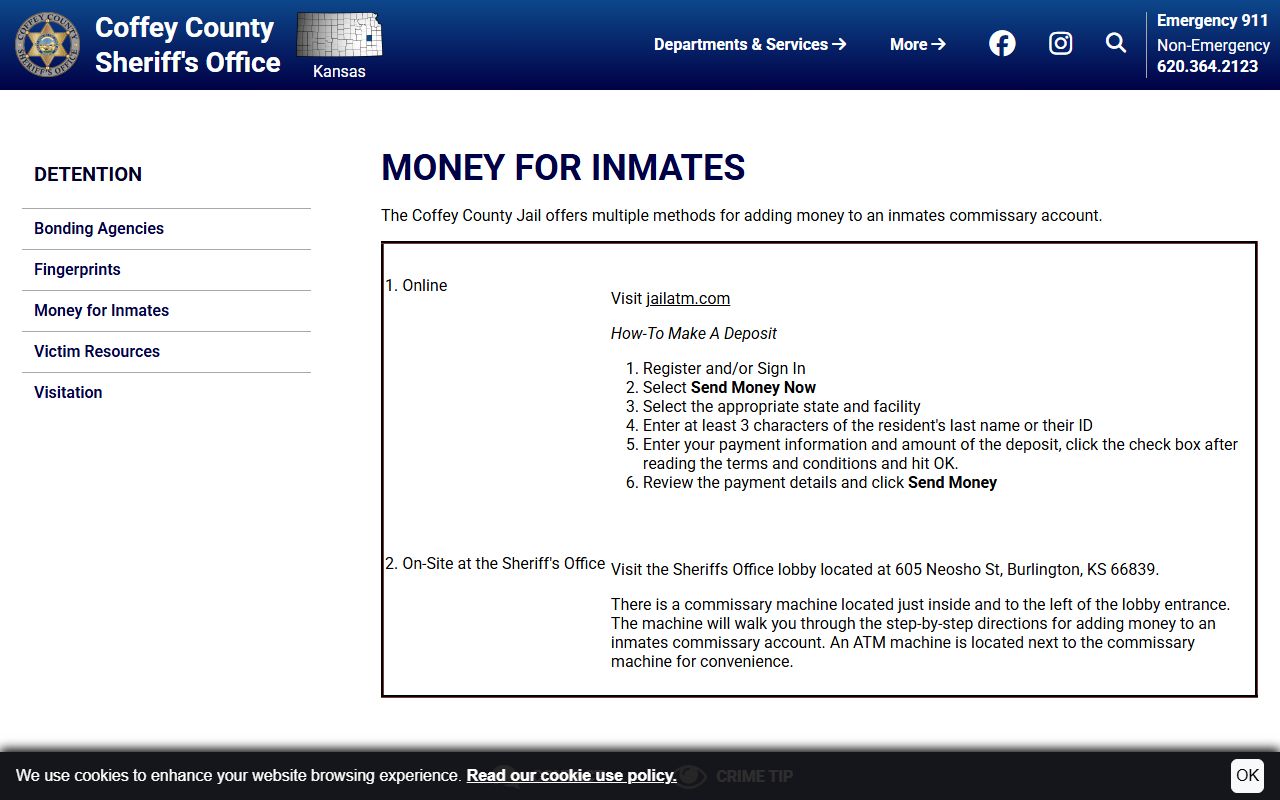 Coffey County Sheriff's Office Kansas Detention Center inmate money deposit steps and lobby kiosk
