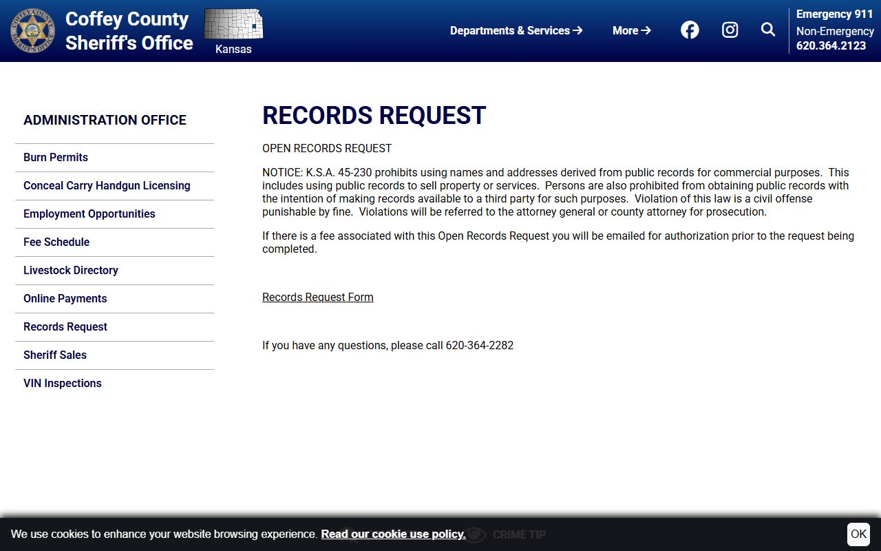 Coffey County records request page for jail records access
