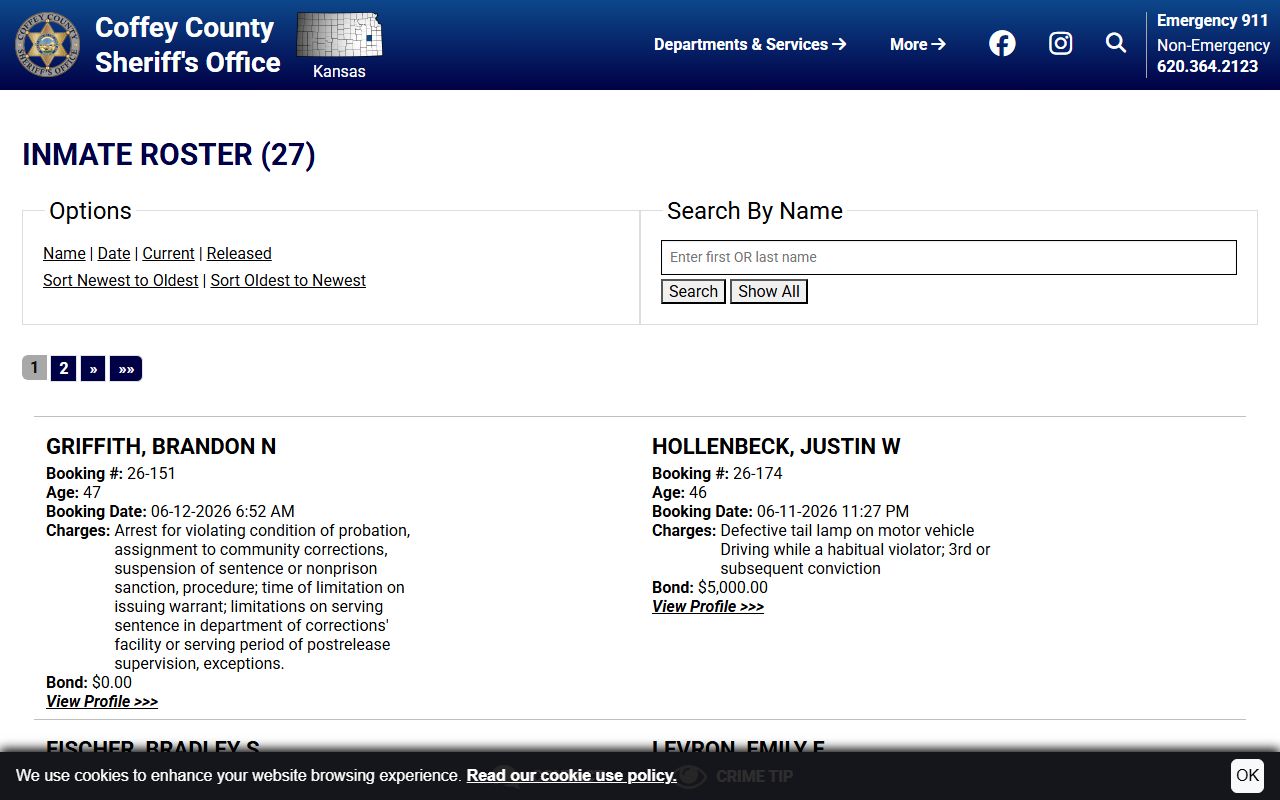 Coffey County inmate roster search and current booking entries
