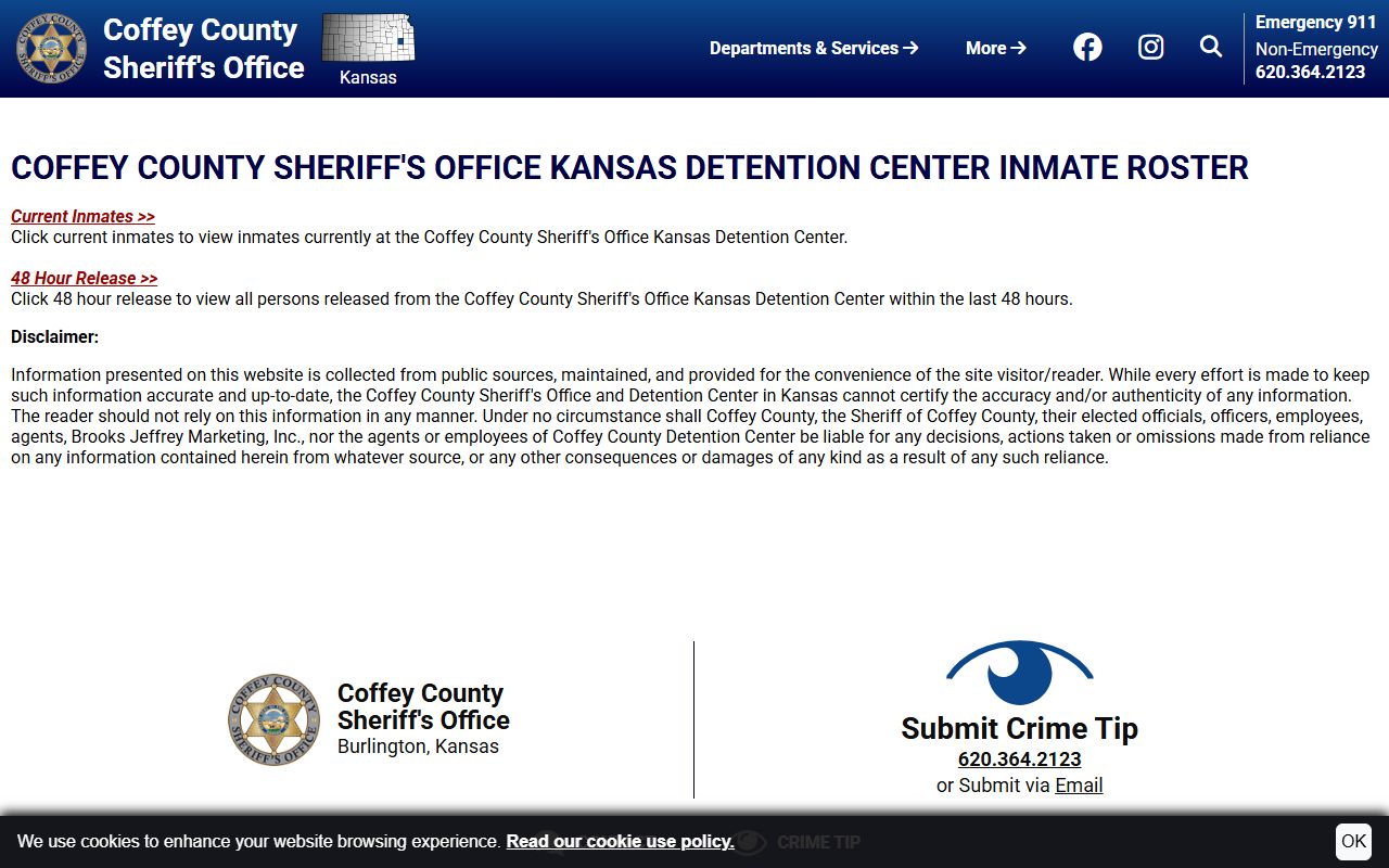 Coffey County jail mugshots roster disclaimer and current or released inmate choices