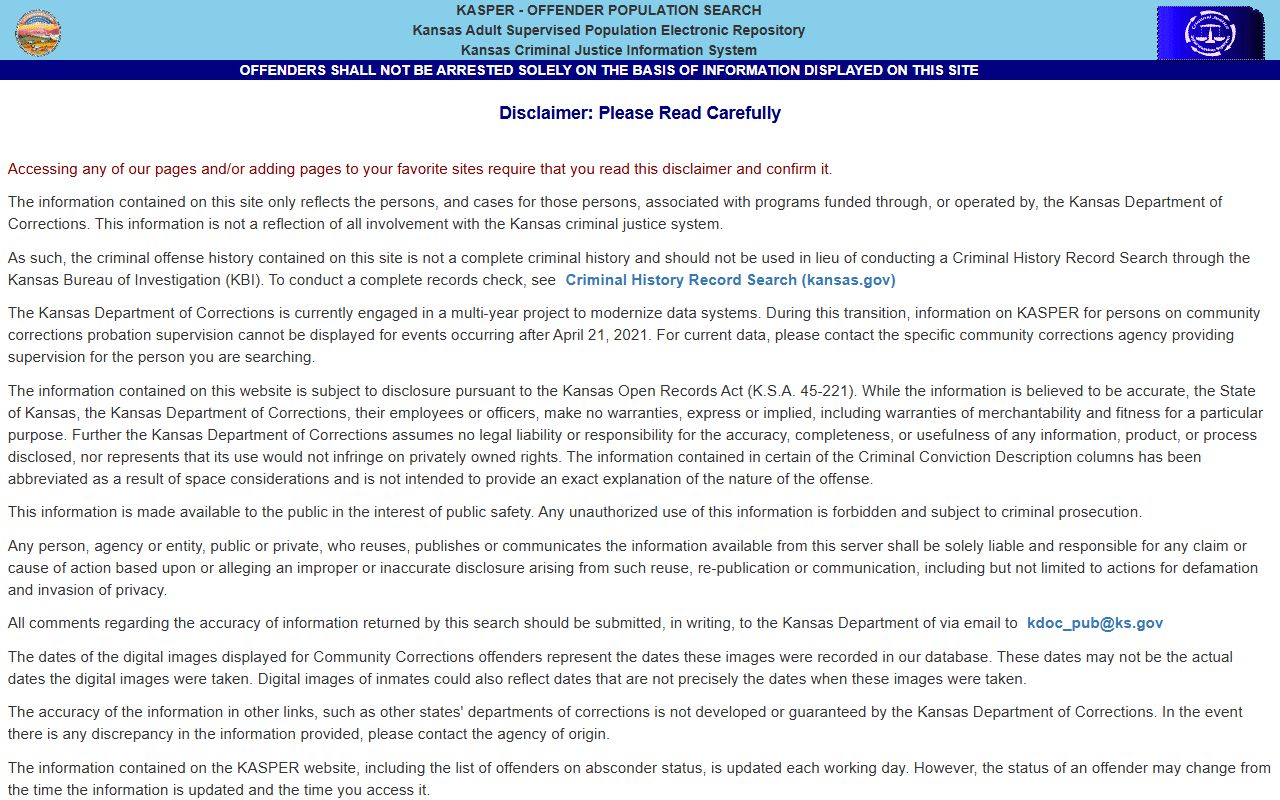 Kansas KASPER locator for Coffey County state prison inmate search